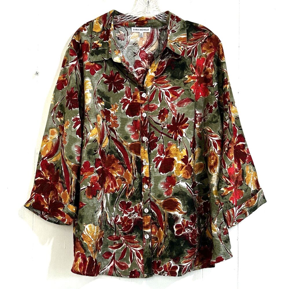 SARA MICHELL Women's Fall Floral Button-Down Shirt Size 2X Cuff 3/4 Sleeves